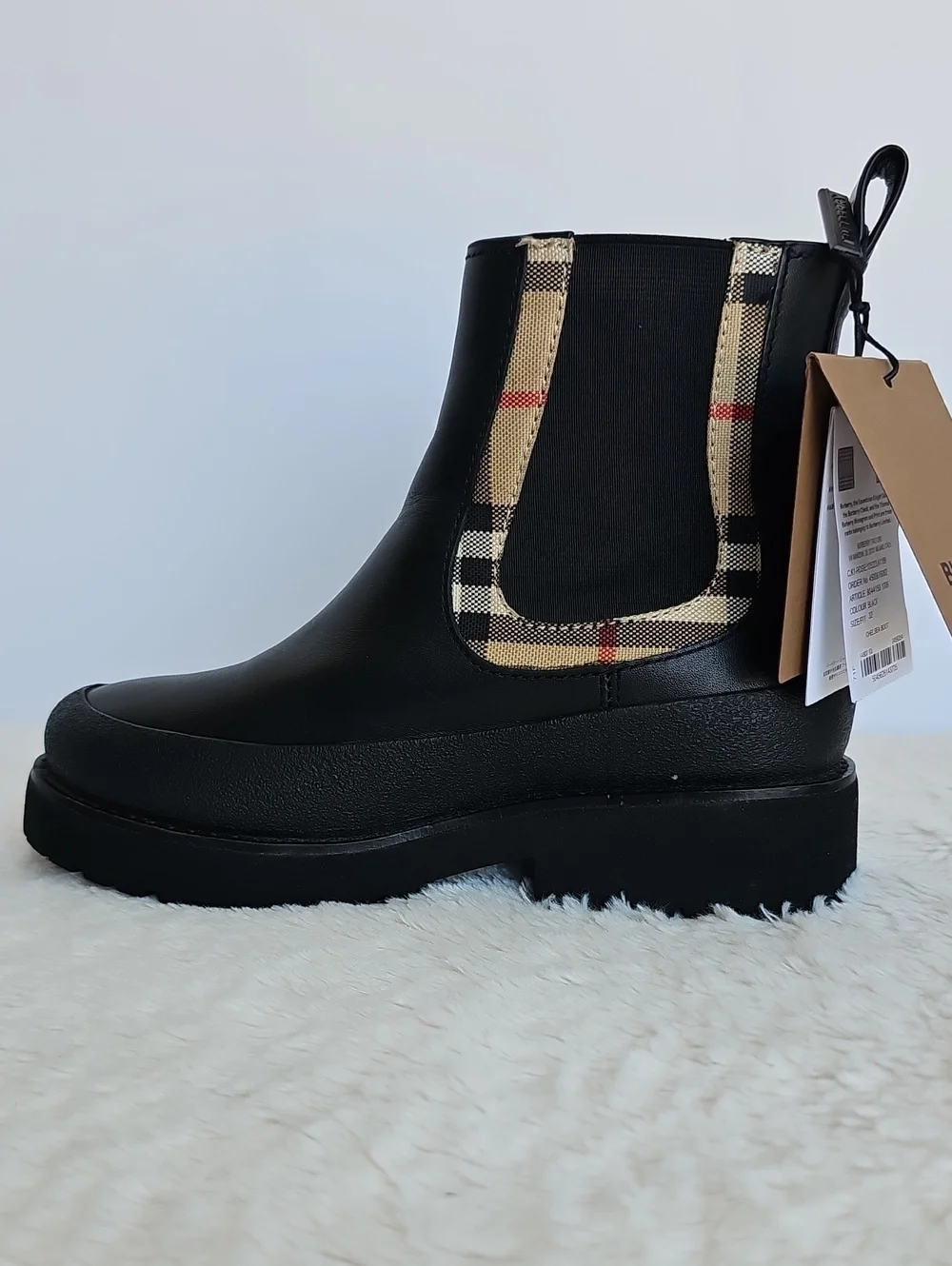NWT Burberry Kids Vintage Check Detail Leather Chelsea Boots Black EU 32/ US 1 Y